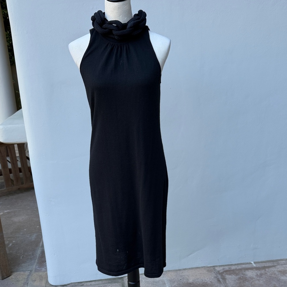 FENDI Black Sleeveless Midi Knit Dress with Unique Braided Mock Collar size 44
